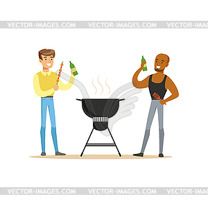 Two friends preparing barbecue on grill and drinkin - vector clip art