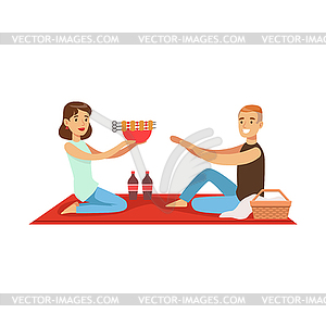 Happy couple having outdoor barbeque picnic, man an - vector clipart