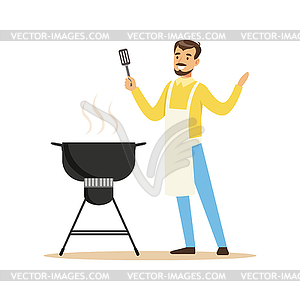 Smiling man in apron preparing barbecue on grill - vector image