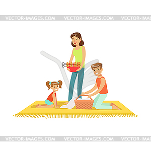 Family on vacation having barbeque outdoors - vector image