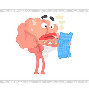 Smoking humanized cartoon brain character examine - vector clipart