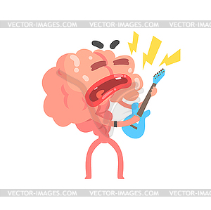 Humanized cartoon brain character playing guitar, - vector image