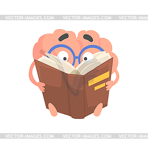 Smart humanized cartoon brain character reading - vector clipart