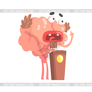 Humanized cartoon brain character speaking of - vector clipart