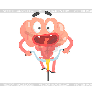 Scared humanized cartoon brain character riding on - vector EPS clipart