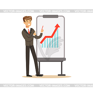 Smiling businessman in suit pointing at whiteboard - vector image