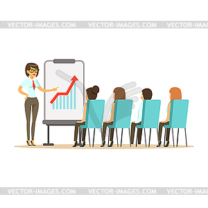 Businesswoman pointing at whiteboard with growth - vector clip art