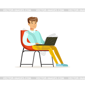 Smiling businessman sitting on chair and working - vector clipart