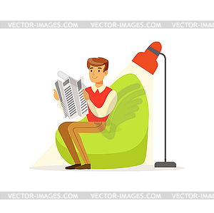 Businessman sitting in green armchair and reading - vector clip art