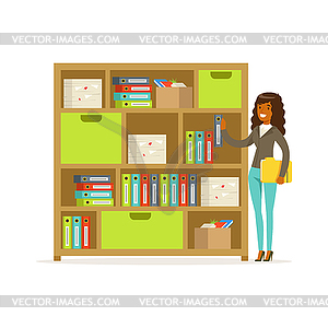 Young businesswoman standing in office over folder - vector clip art