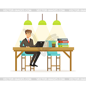 Smiling businessman in suit working with laptop in - royalty-free vector clipart