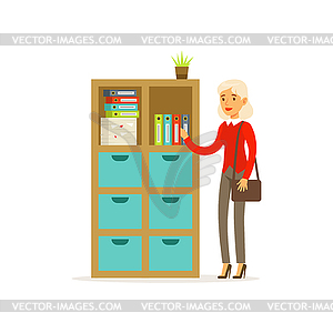 Senior woman standing in office over folder shelves - vector image