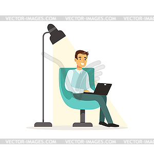 Smiling man sitting on an armchair and working - vector clipart