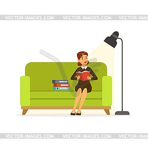 Young woman sitting on green sofa, reading book - vector clipart / vector image