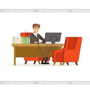 Smiling businessman working with computer at his - vector image