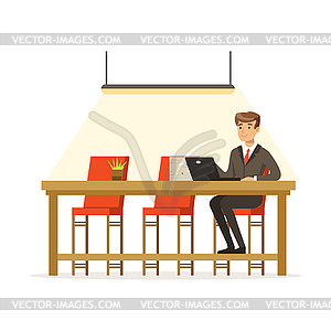 Businessman working with laptop in open space office - vector clip art