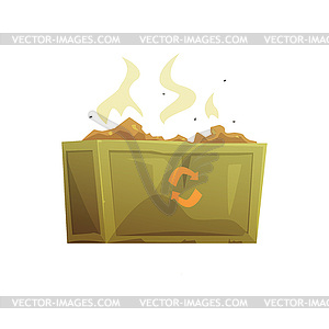 Large khaki and orange dumpster full of rubbish, - vector clipart