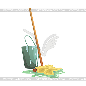 Bucket and floor cleaning broom or mop cartoon - vector image