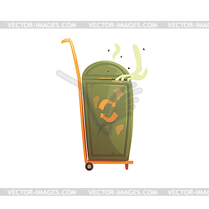 Portable trash bin on wheels, waste processing and - vector image