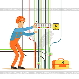 Electrician engineer in uniform repairing - vector image