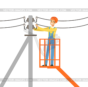 Electrician repairing wire of power line with bucke - stock vector clipart