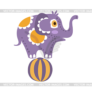 Cute cartoon elephant character standing on ball - vector clip art