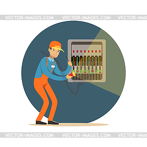 Electrician engineer repairing equipment in fuse bo - vector image