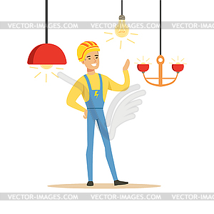 Smiling electrician in uniform installing - vector clipart