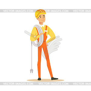 Repairman in uniform standing and holding wire roll - vector clipart