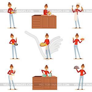 Smiling woman chef cook in white apron preparing an - vector image