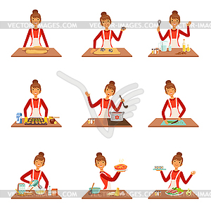 Smiling woman chef cook in white apron baking and - vector clipart