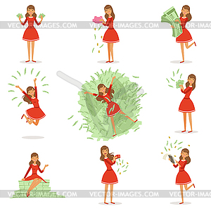 Happy young rich woman in red dress enjoying her - vector clipart