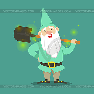 Cute dwarf in light blue jacket and hat standing - vector image