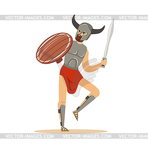 Warrior character, man in horned helmet running - vector clipart