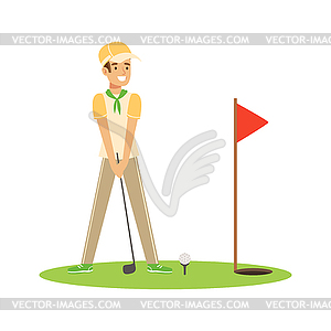 Smiling man golfer hitting ball - vector clip art