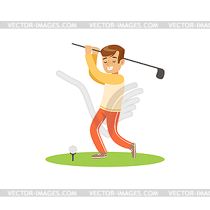 Smiling golf player hitting ball - vector clip art