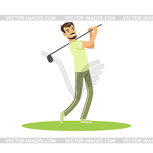 Golf player in green uniform taking swing - vector clip art