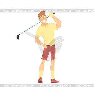 Smiling cartoon golf palyer character standing - vector image