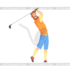 Smiling bearded cartoon golf palyer character takin - vector clipart