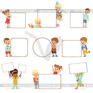 Smiling kids standing with white blank boards set. - vector image