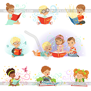 Adorable little boys and girls sitting and reading - vector image