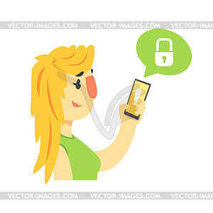 Cartoon woman holding smartphone protected of hacke - vector clip art