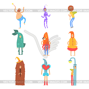 Set of people in funny costumes, man characters - vector clipart