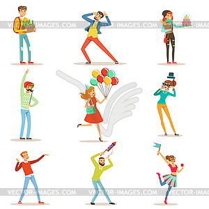 Happy people celebrating, giving gifts and having - vector image