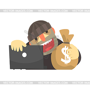 Cartoon hacker character stealing money bag, cyber - vector image