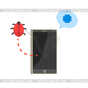 Smatphone and red bug, cybersecurity cartoon - vector image