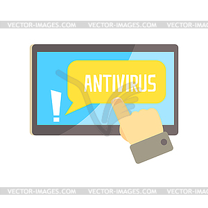 Hand touching screen on tablet pc with security - vector clipart