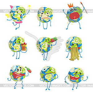 Cute funny world Earth emoji showing different - vector EPS clipart