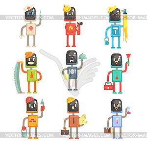 Cute cartoon robots in various professions set of - vector clipart