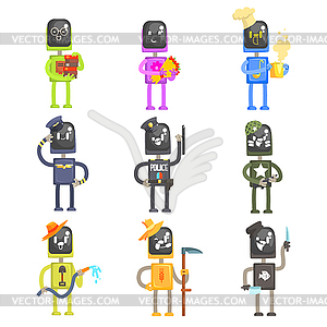 Cute cartoon robots in various professions with - vector image